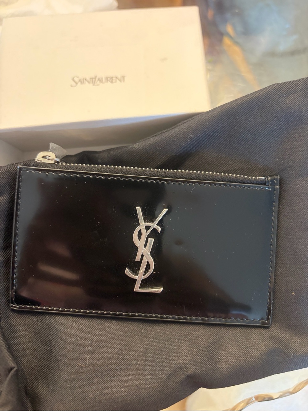 Saint Laurent Black Patent Leather YSL Logo Card Holder